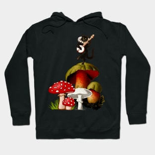 Black cat playing guitar on a mushroom hippie 80s music Hoodie